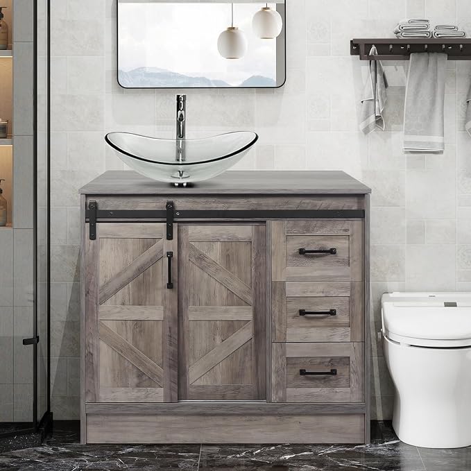 36 Inch Barn Door Bathroom Vanity, Farmhouse Style Standing Pedestal Cabinet by Solidee