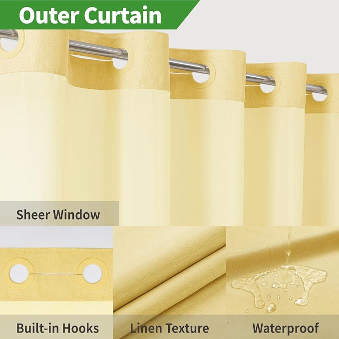 Extra Long No Hooks Needed Linen Textured Shower Curtain - Image 3