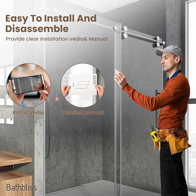 Bathbliss Glass Shower Door 56"-60" Wx76 H, Frameless Sliding Glass Door - Image 5