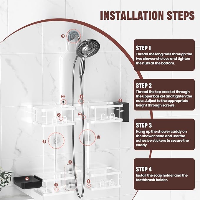 REINHARDT Adjustable Shower Caddy Hanging Rustproof Shower Caddy - Image 9