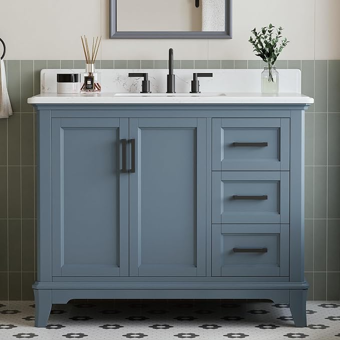 42 Inch Bathroom Vanity with Sink, Fully Assembled Solid Wood Frame Bathroom by DELUXELIVING