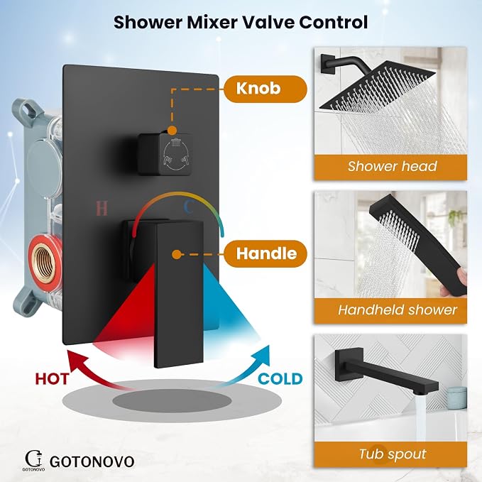 gotonovo Shower System with Tub Spout Wall Mounted Rain Shower Head and Handle - Image 3