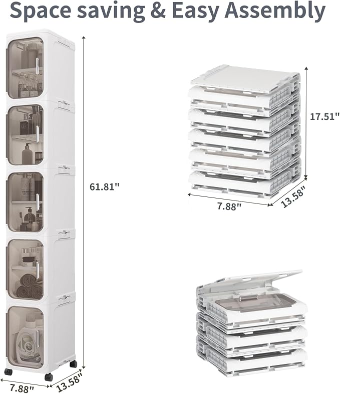 KHNR 5-Tiers Slim Bathroom Storage Cabinet, Foldable Storage Cabinets, Narrow - Image 2