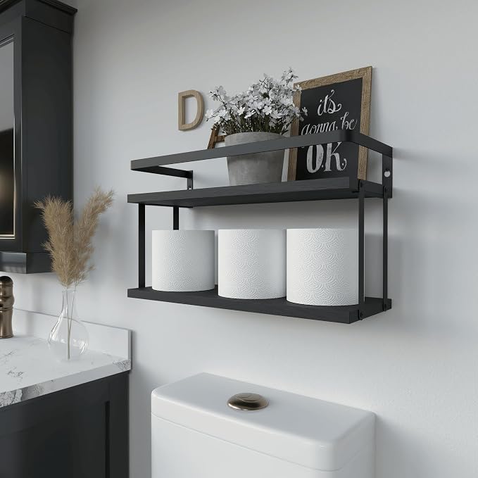 RICHER HOUSE Dual-Level Guardrail Floating Shelves, Rustic Wood Bathroom Shelf - Image 4