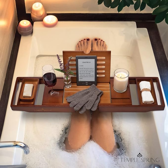 Temple Spring Wooden Bathtub Tray, Bamboo Bathroom Accessories, Bath Tray - Image 5