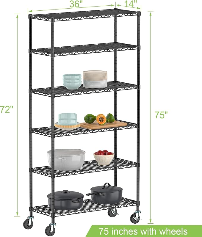 6 Tier Storage Shelves with Wheels Heavy Duty Wire Rolling Shelving Rack - Image 3