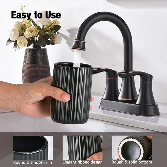 Black Toothbrush Holder, Ceramic Tooth Brush Holder Set, Ribbed Bathroom Cups - Image 5