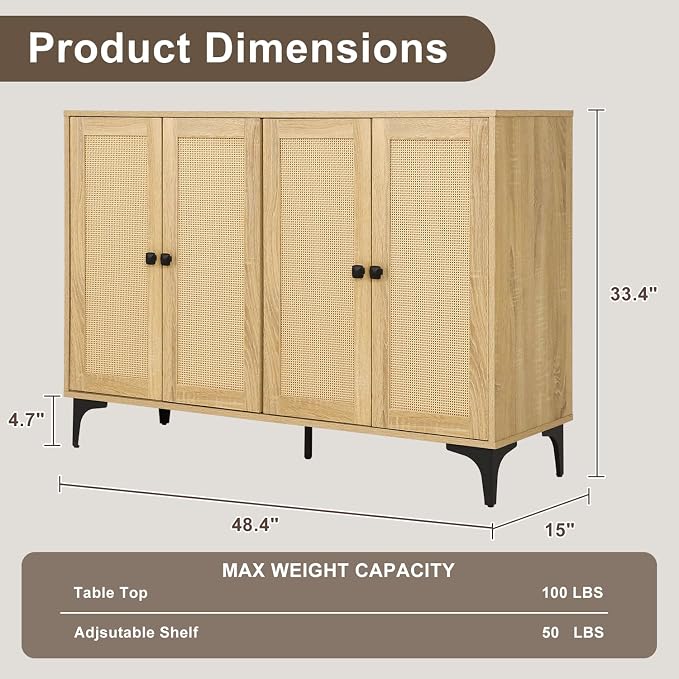 Rattan 2-Door Storage Cabinet Buffet - Image 3