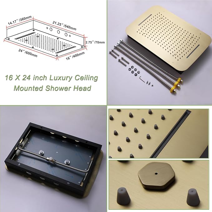 Brushed Gold 16X24 inch Ceiling Mounted Shower Head Set, Digital Display Shower - Image 7