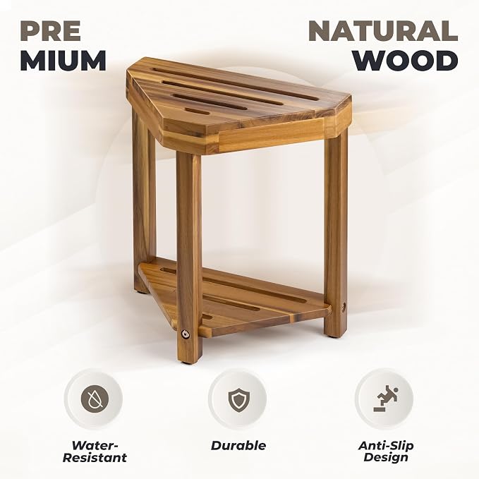 BLUEWEST 16.4" Shower Foot Rest, Corner Shower Stool, Wooden Shower Foot Stool - Image 3