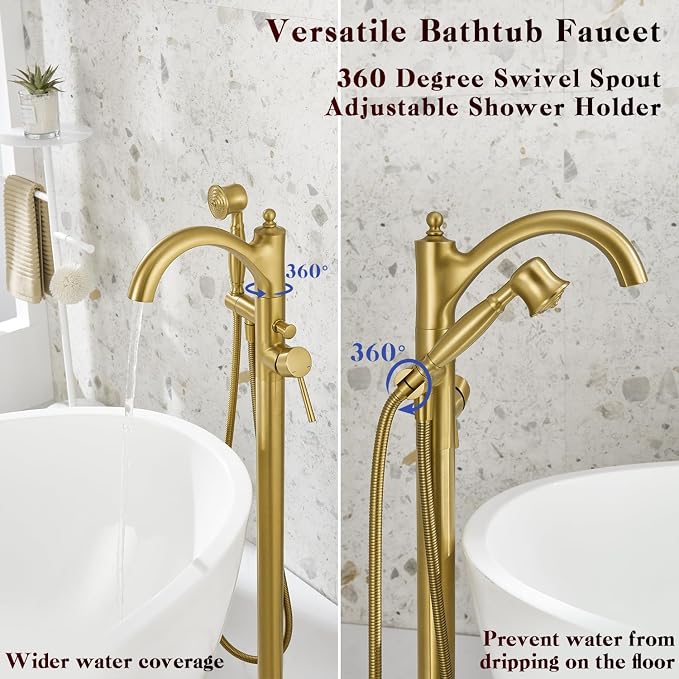Free Standing Tub Faucet, Brushed Gold Classic Freestanding Bathtub Faucet - Image 5