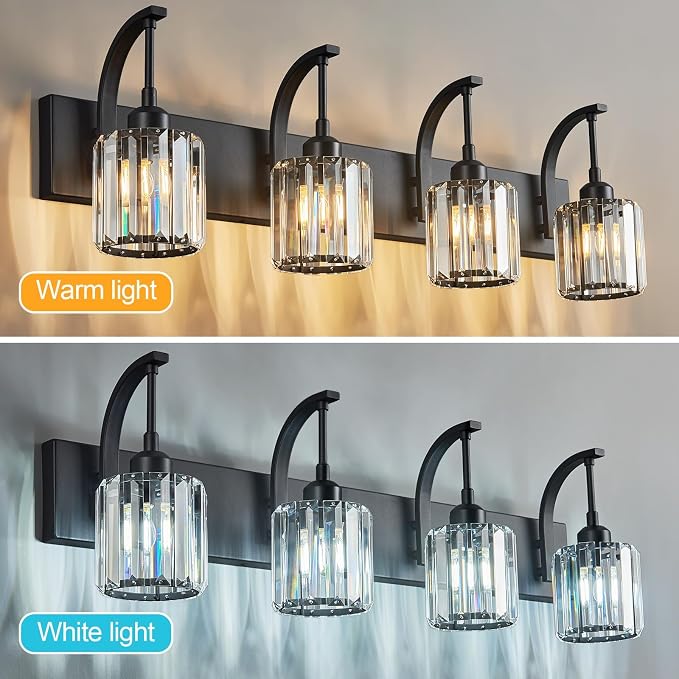4-Light Crystal Vanity Light, Modern Black Bathroom Wall Sconce - Image 2