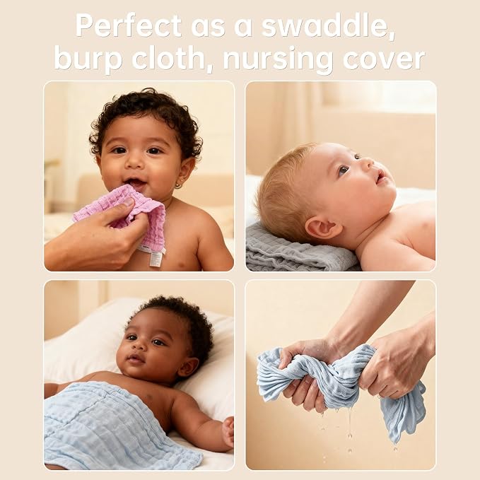 Organic Muslin Baby Washcloths 6 Pack Baby Bath Face Towel 12x12 Inch Extra - Image 3