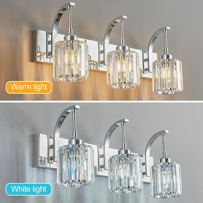 3-Light Crystal Vanity Light, Modern Chrome Bathroom Wall Sconce - Image 2