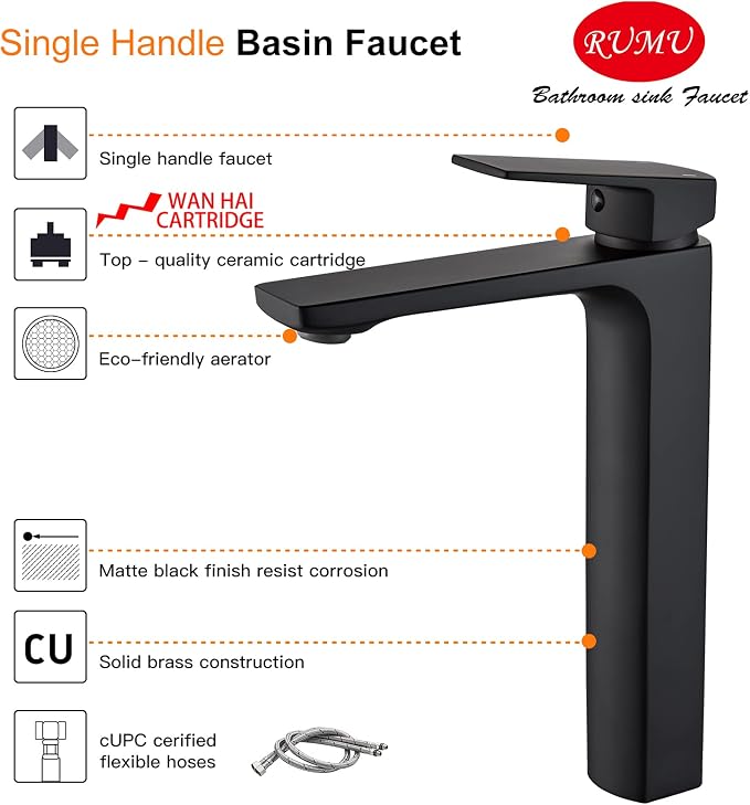 VOTON Black Vessel Sink Single Hole Tall Bathroom Faucet, RV Lavatory Vanity - Image 5