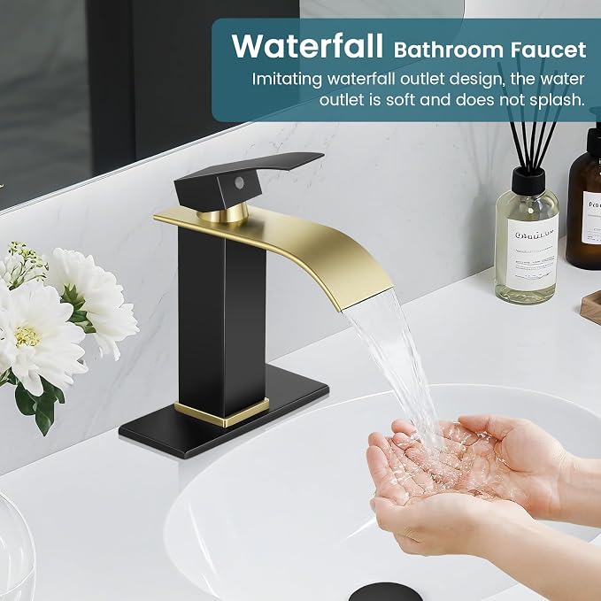 Bathroom Faucets Matte Black and Gold Waterfall Bathroom Sink Faucet Modern - Image 5