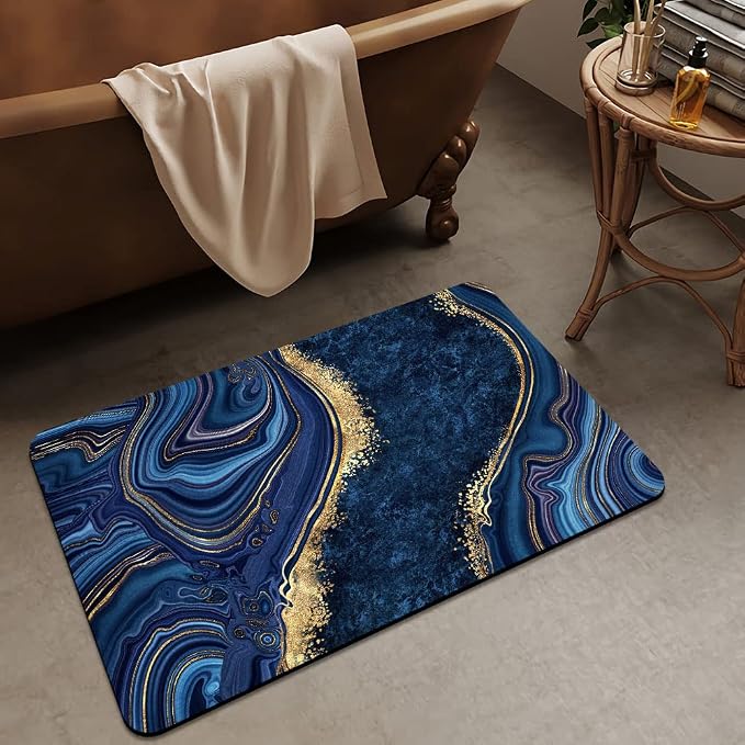 Bath Mat Rug, Dark Blue Gold marbleNon Slip Quick Dry Super Absorbent Thin - Image 3