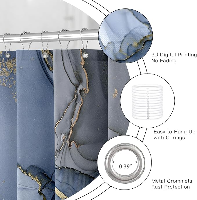 Navy Blue Marble Shower Curtain 60x72, Dark Blue Modern Abstract Fabric Shower - Image 5