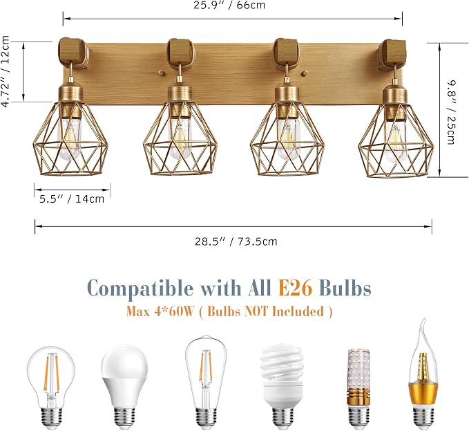 Farmhouse Bathroom Light Fixtures, 4-Light Gold Bathroom Vanity Light, Rustic - Image 4