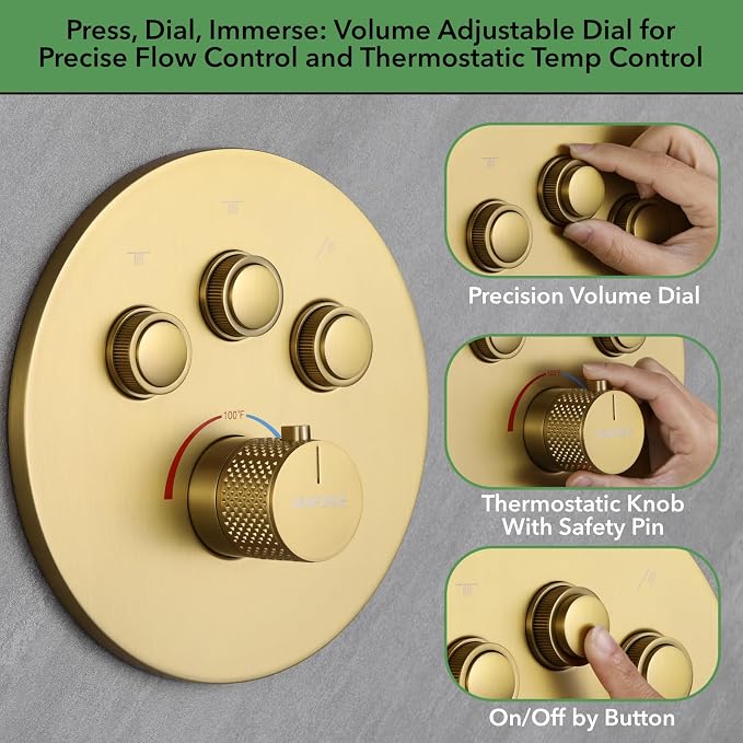 VANFOXLE Thermostatic Shower Faucet Set Brushed Gold Shower System, Push Button - Image 6