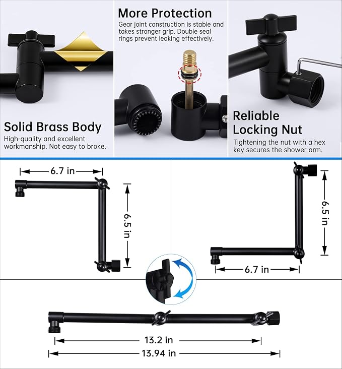 G-Promise 13 Inch Shower Head Extension Arm, Solid Brass Height & Angle - Image 3