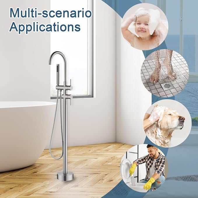 Freestanding Bathtub Faucet Floor Mount Tub Filler Brush Nickel, OMEKNTOP - Image 5
