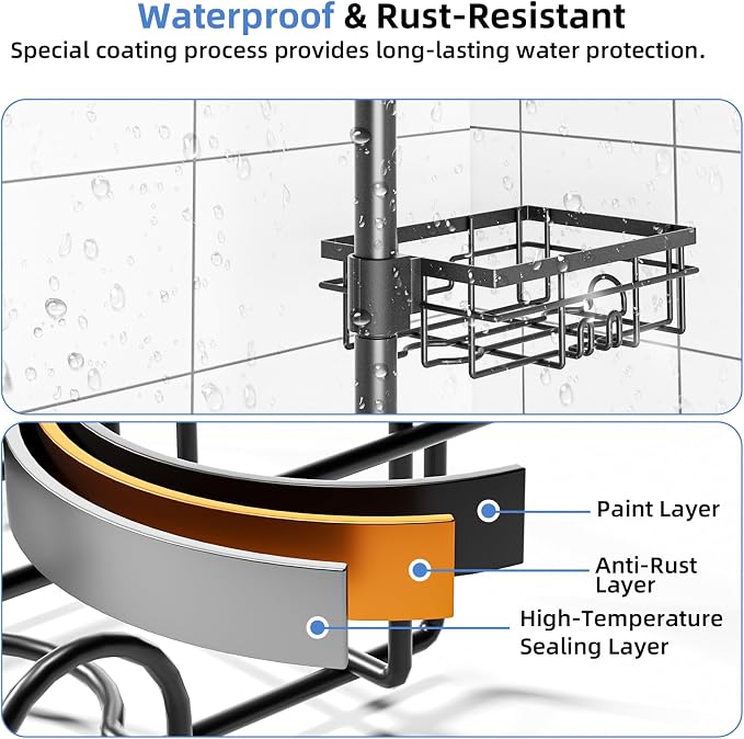 GearFusion Shower Caddy Organizer Tension Pole, Rustproof 4 Tier Corner Shower - Image 6