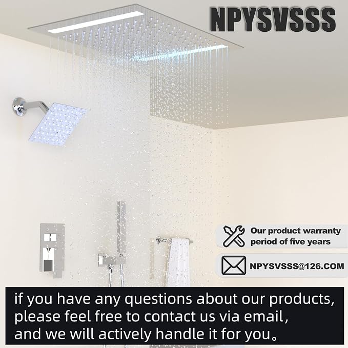 Rain Shower Head System with 14x20 Inch Ceiling Mount LED Head & 6 Inch Wall - Image 9
