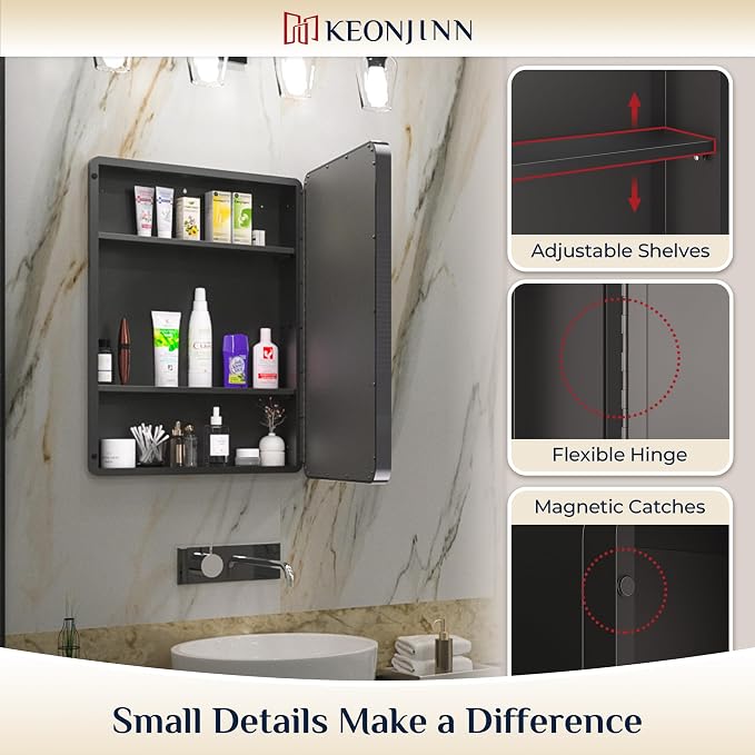 Keonjinn Black Medicine Cabinet 17 x 25 Inch, Heavy & Solid Bathroom Medicine - Image 7