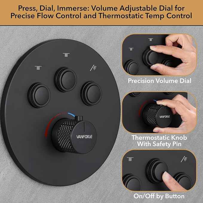 VANFOXLE Thermostatic Shower Faucet Set Matte Black Shower System, Push Button - Image 5