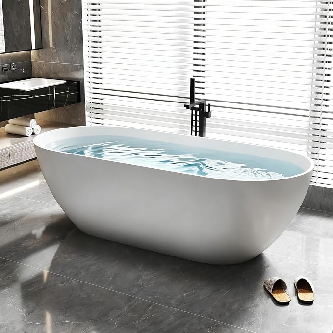 63 Inch Solid Surface Freestanding Bathtub, Oval Shaped Soaking Stone Resin - Image 7