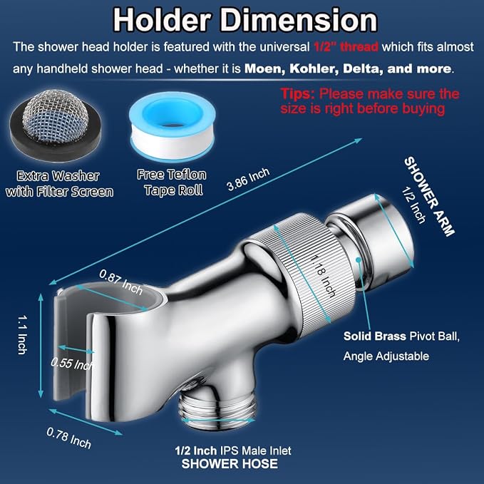 Shower Head Holder All Metal Adjustable Handheld Shower Arm Mount, 1/2" Shower - Image 5