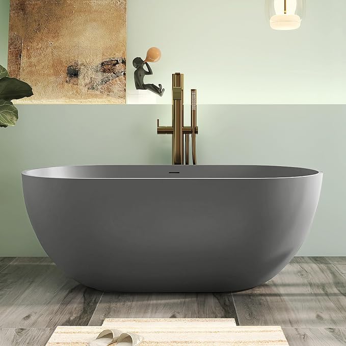 59" Premium Solid Surface Free Standing Bathtub, Oval Stone Resin Tub by HIGEINE