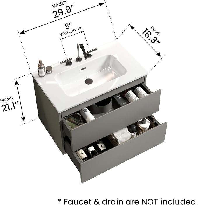 30" Bathroom Vanity with Sink, Modern Floating Vanity with Double Soft Closing - Image 2
