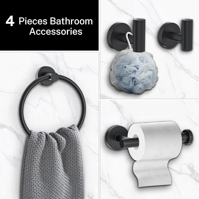 4-Piece Matte Black Bathroom Hardware Accessories Set, Robe Hooks, Stainless - Image 5
