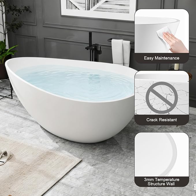 63 Inch Stone Resin Freestanding Bathtub, Modern Oval Soaking Bathtubs Tubs - Image 4
