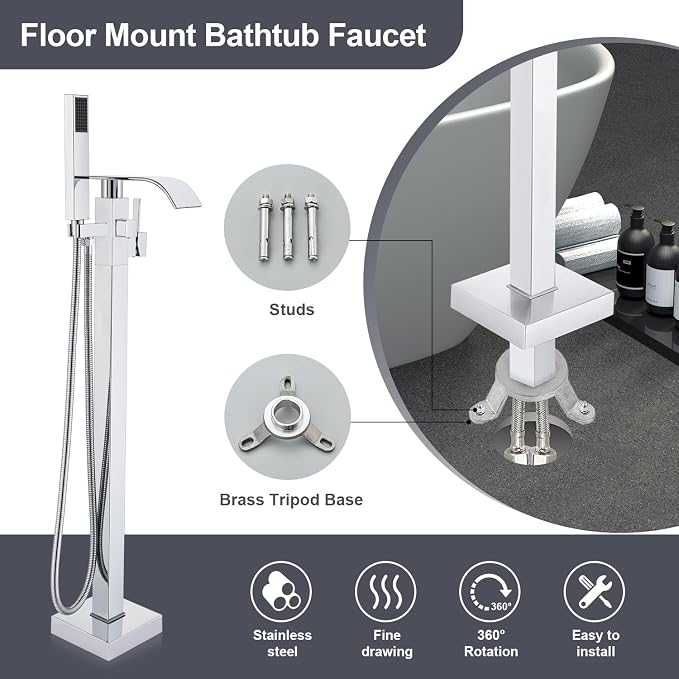 Senlesen Bathroom Chrome Freestanding Tub Faucet Floor Mounted Bathtub Shower - Image 6