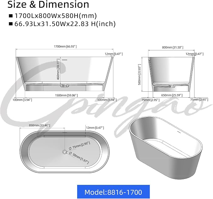Cpingao 67" Solid Surface Freestanding Bathtub, Modern Oval Stone Resin Stand - Image 5
