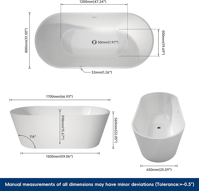 67" Acrylic Freestanding Bathtubs, Stand Alone Tub, Soaking Tubs - Image 2