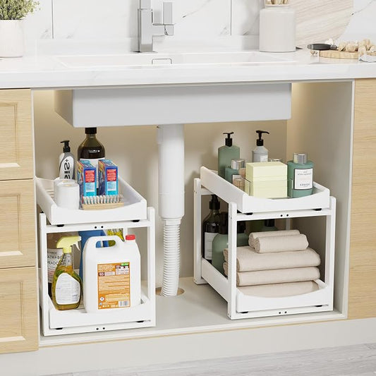 Bamboo Under Sink Organizer Adjustable Height 2 Tier Bathroom Organizer Pull by Unknown