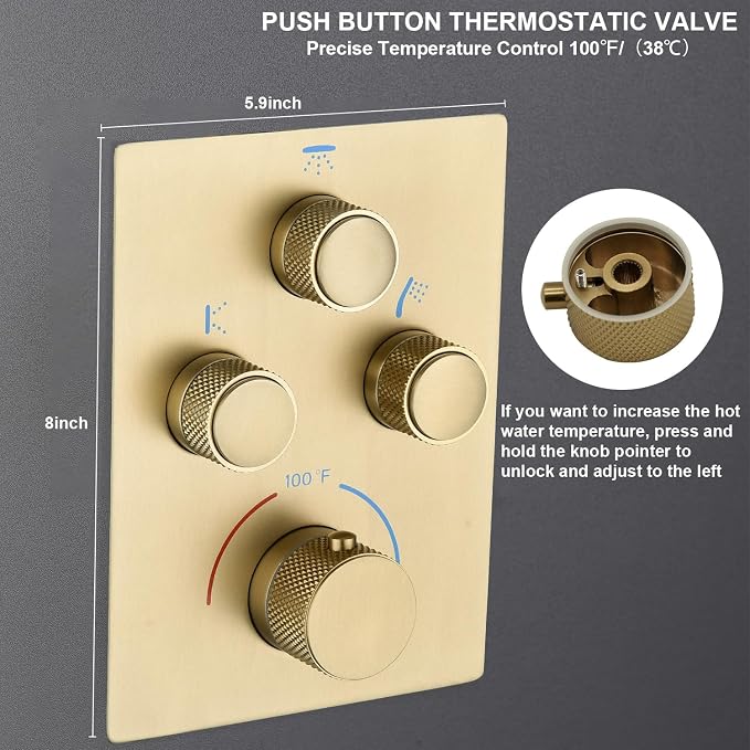 Modern Push Button 3 Way Thermostatic Shower Valve, Concealed 3 Outlet Multi - Image 5