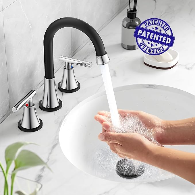 Bathroom Faucets for Sink 3 Hole, Hurran Black& Chrome Bathroom Sink Faucet - Image 2