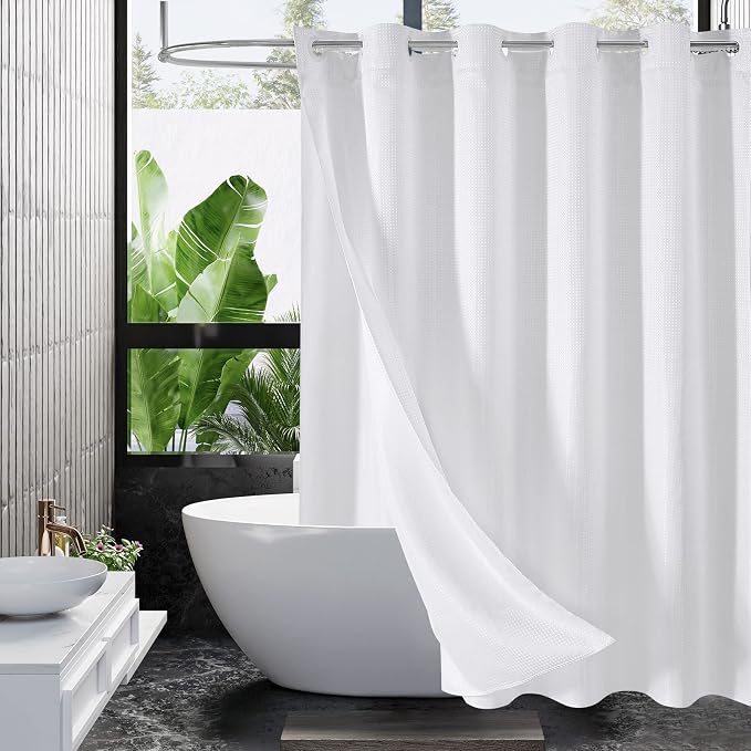MitoVilla No Hooks Need White Waffle Shower Curtain Liner Set, Modern Waffle by MitoVilla