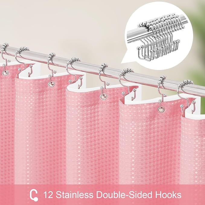 3 in 1 Extra Long Pink Shower Curtain Set-72 W x 84 H, Modern Waffle and PEVA - Image 3