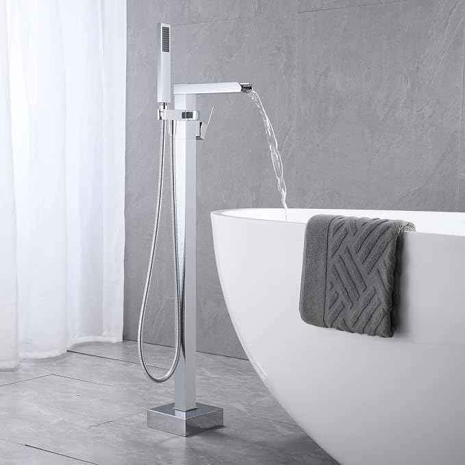 Freestanding Tub Filler Waterfall Bathtub Faucet Chrome Floor Mount Brass - Image 3