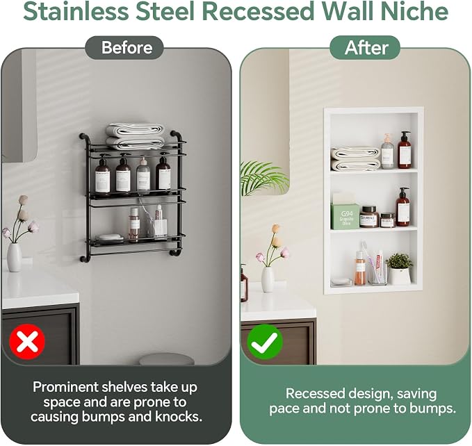 Stainless Steel Recessed Medicine Cabinet 14''*24'', Rust-Proof Metal Wall Niche - Image 3