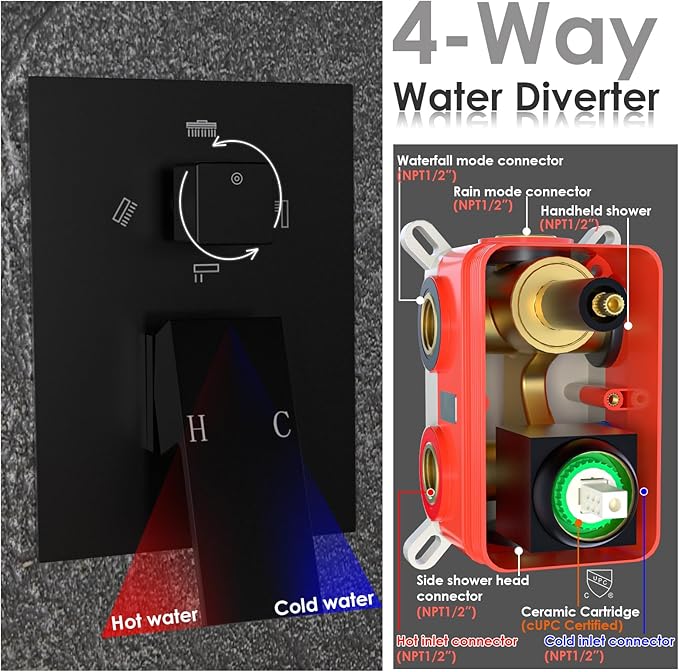Enga 10 Inch + Dual 6-Inch Rain Shower System, Four Modes Diverter Shower Faucet - Image 5