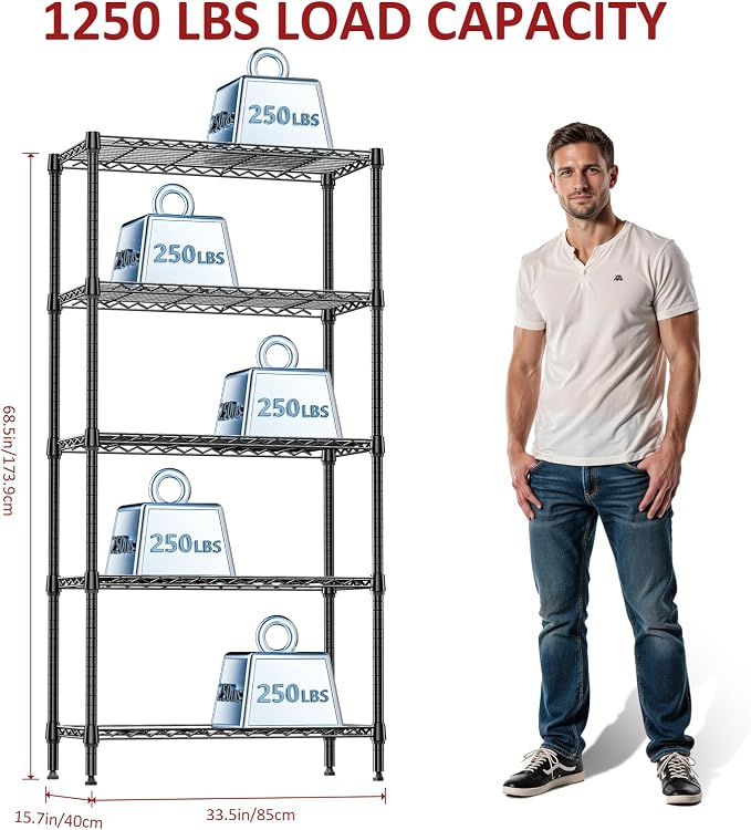 IZEUK 5 Tier Black Metal Storage Shelves, Heavy Duty Adjustable Wire Shelving - Image 3