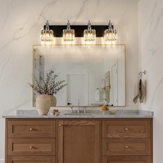 Black Chrome Bathroom Vanity Lights, Modern 4 Lights Crystal Bathroom Lighting - Image 2