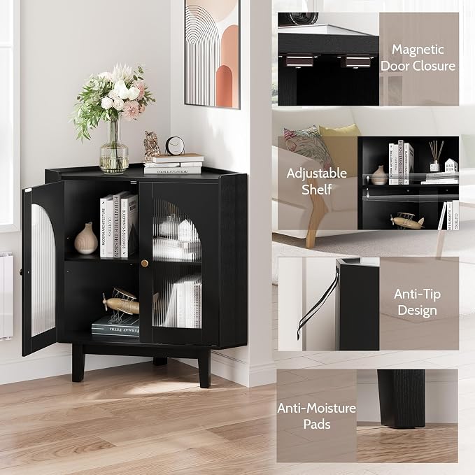 Floor Corner Cabinet with Doors and Shelves, Fluted Storage Cabinet - Image 5